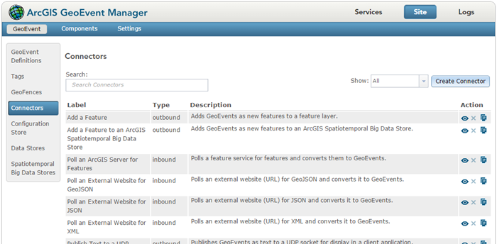 Use GeoEvent Manager to view, create, and manage connectors.